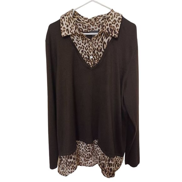 Investments Tops - Investments II Top Long Sleeve with Leopard Print Collor Brown/Black 2X